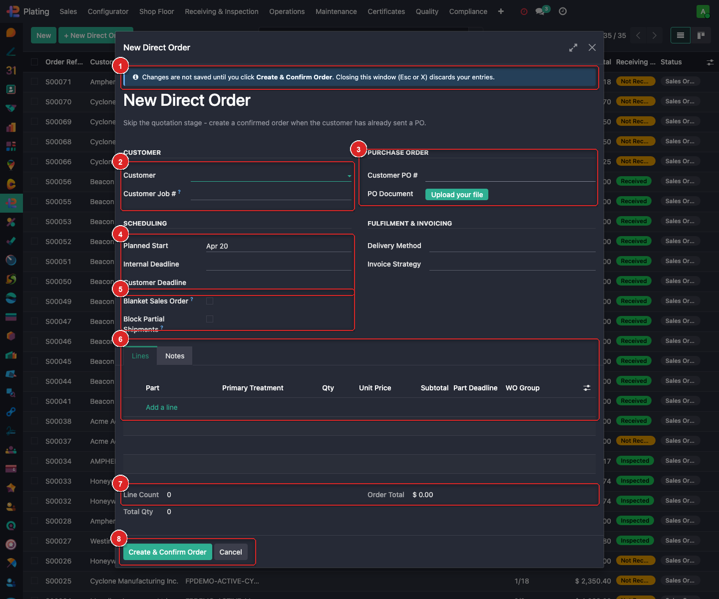 Full New Direct Order wizard with 8 numbered callouts covering each section