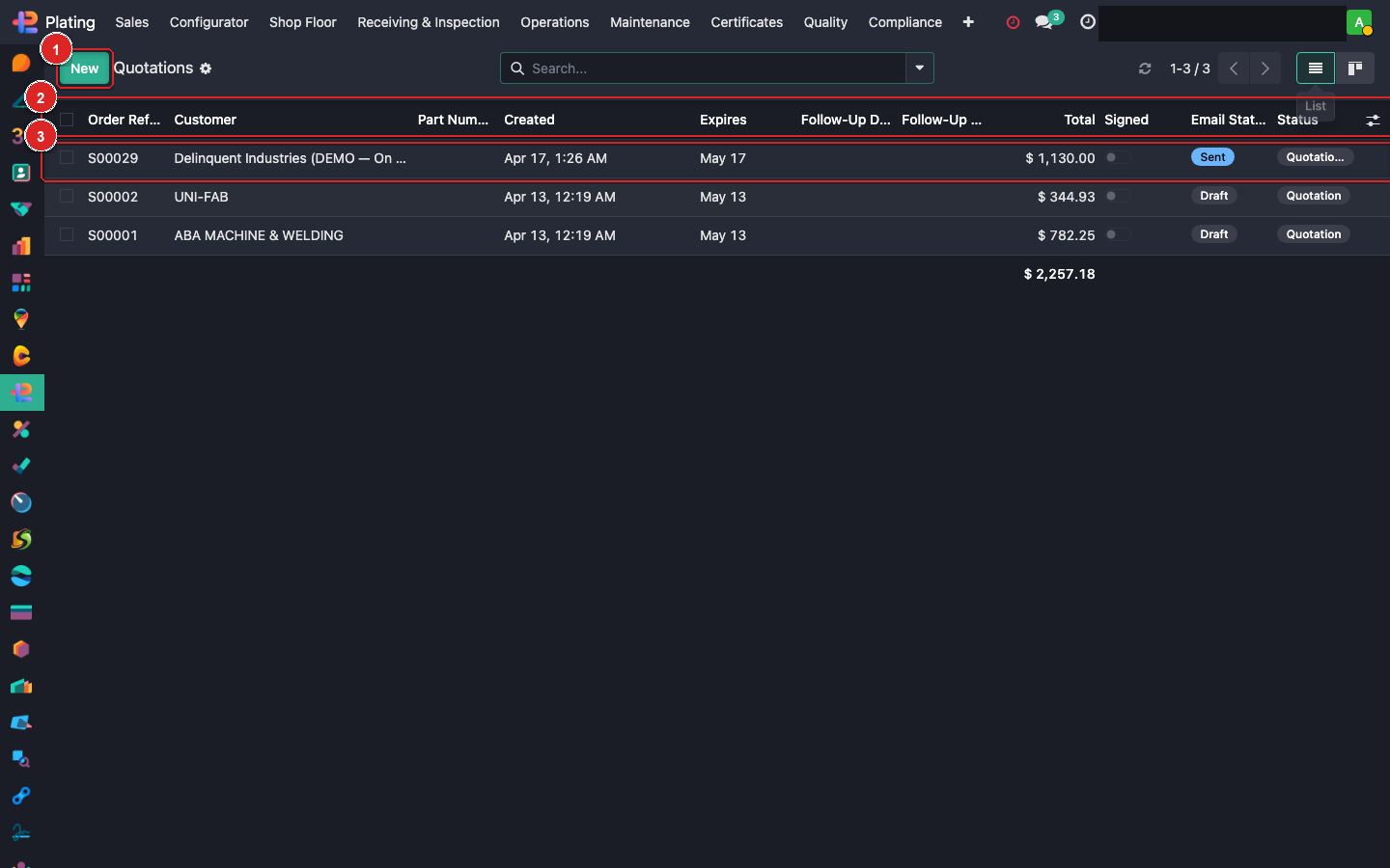 Quotations list with status badges