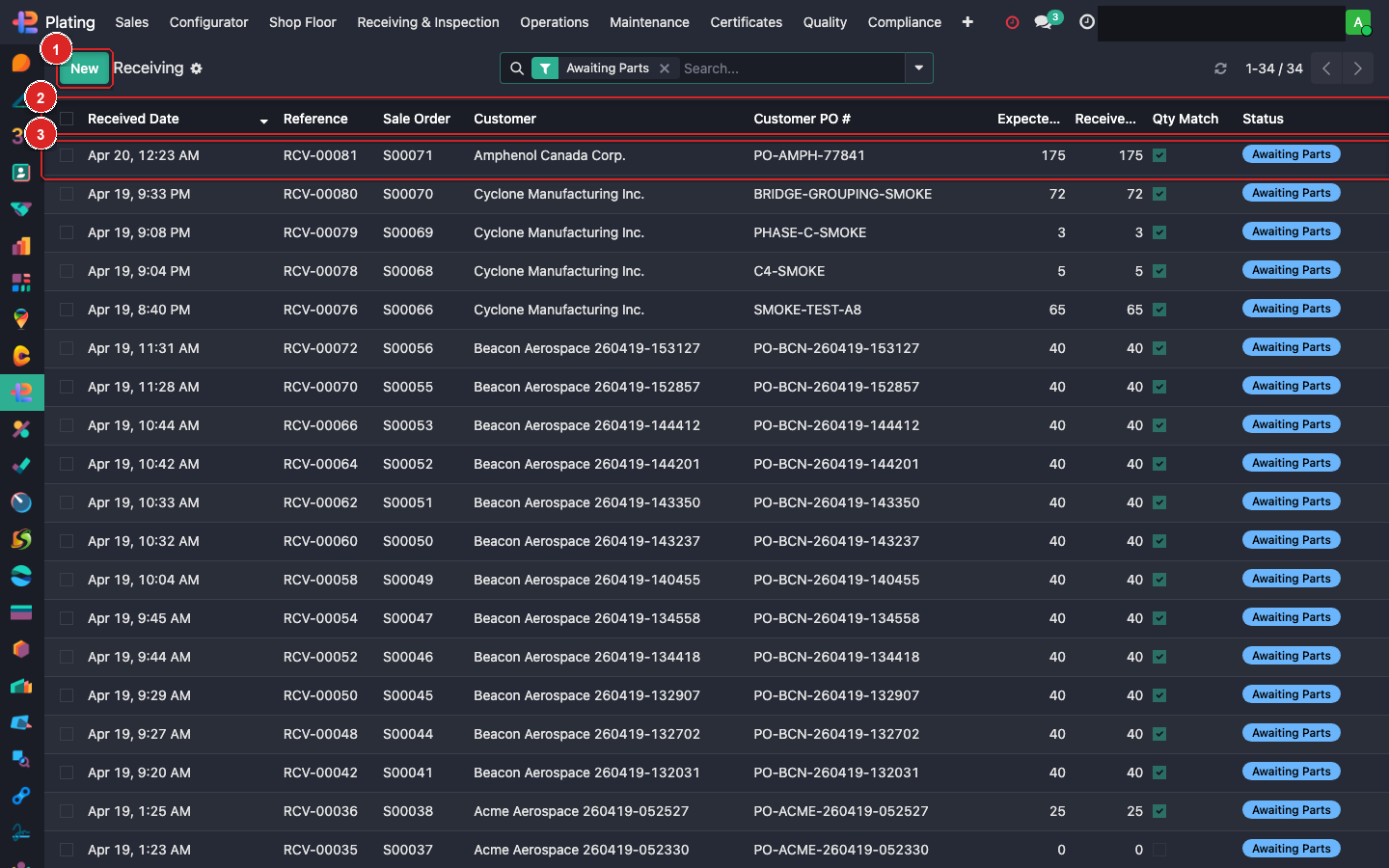 Receiving list showing recent receivers