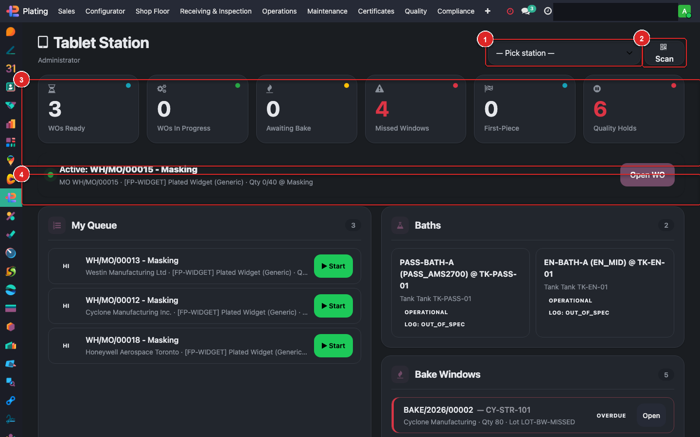 Operator Tablet Station dashboard