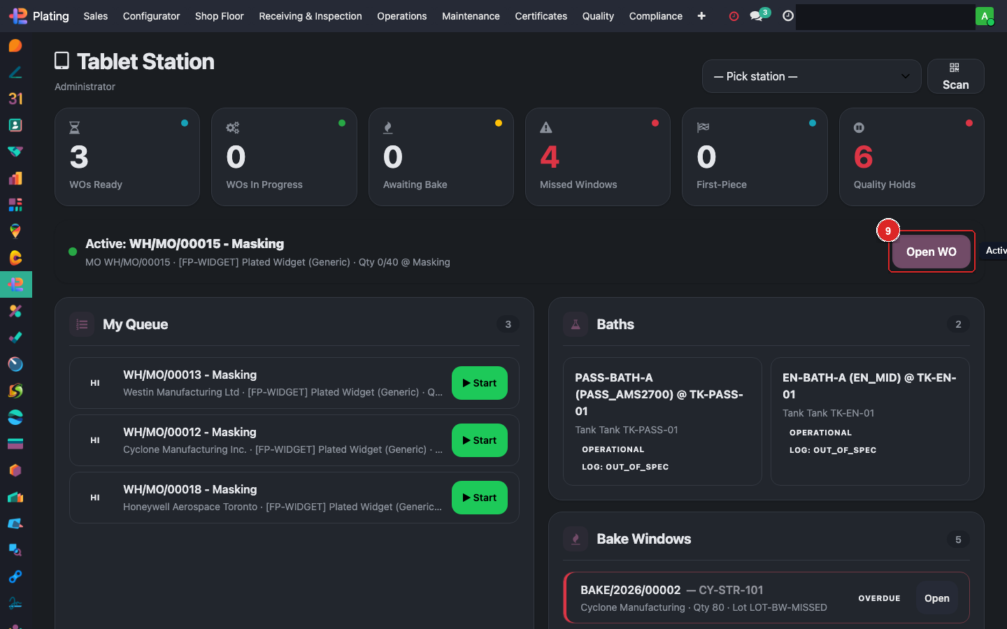 Active WO banner — tap Open WO to resume