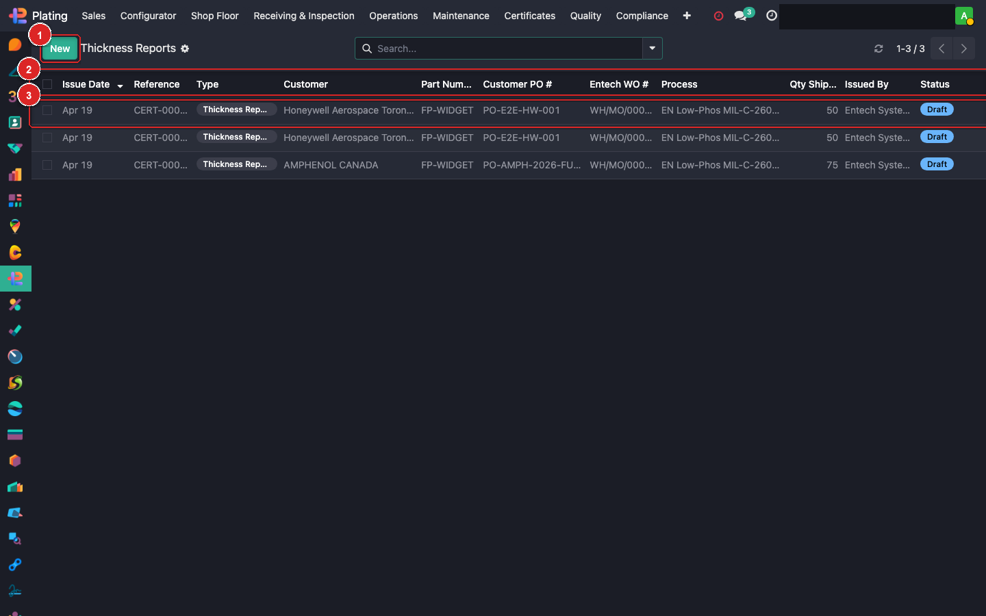 Thickness Reports list