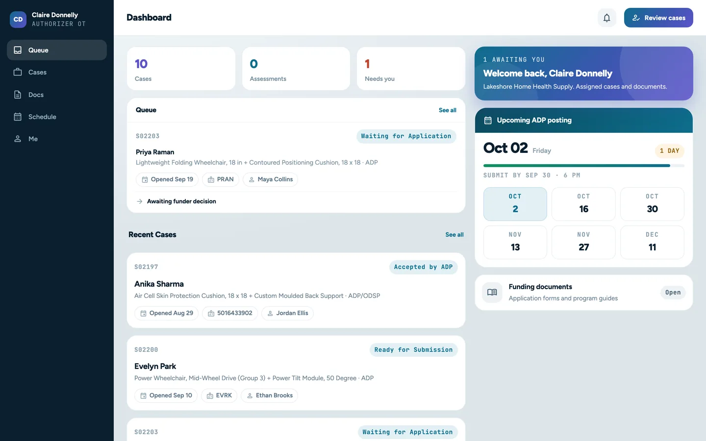 Authorizer portal dashboard with case counts, the queue, and the upcoming ADP posting deadline