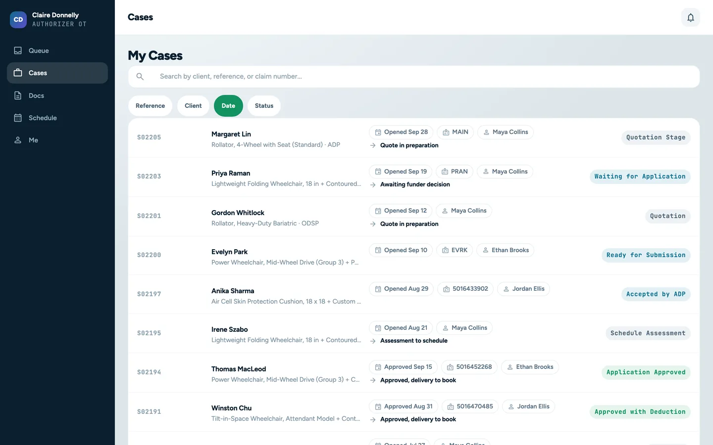 Authorizer portal case list as an occupational therapist sees it