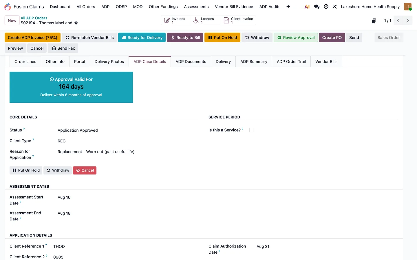 ADP case details tab showing the approval validity countdown, client type, and assessment dates