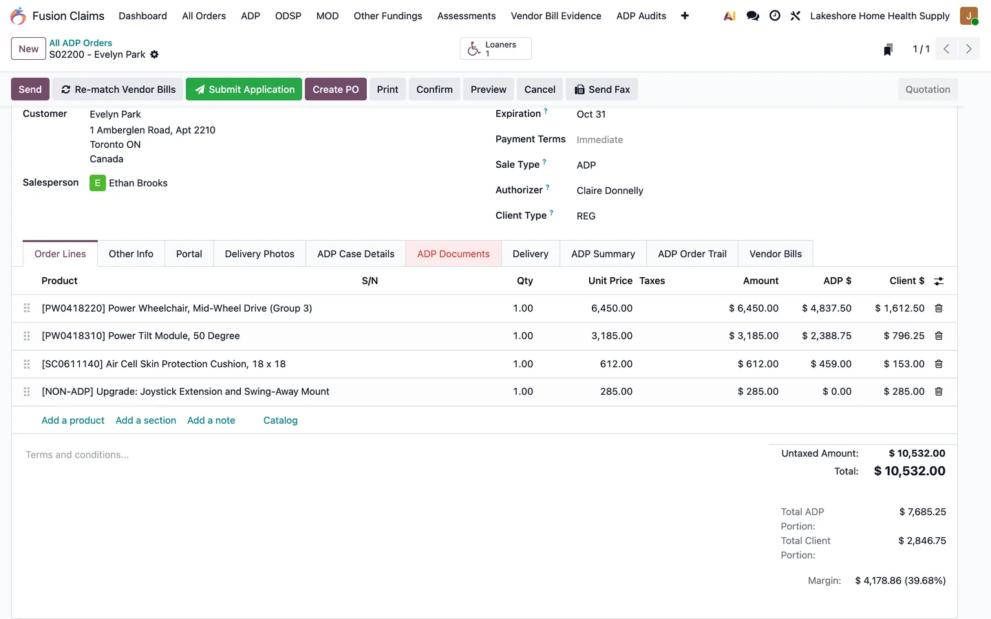 An ADP order splitting each device between the ADP portion and the client portion