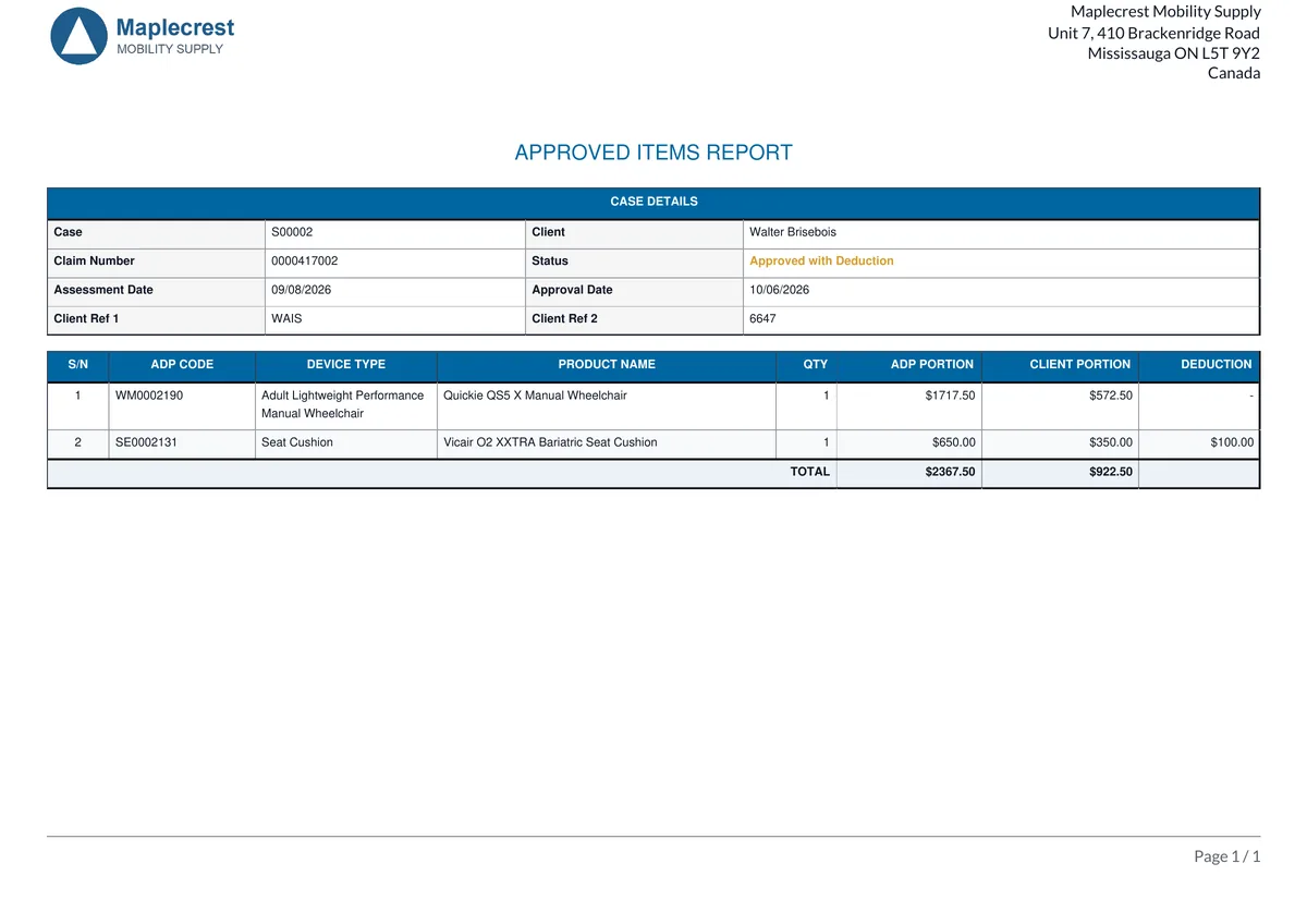 Approved Items Report PDF with case details, claim number and approved devices.