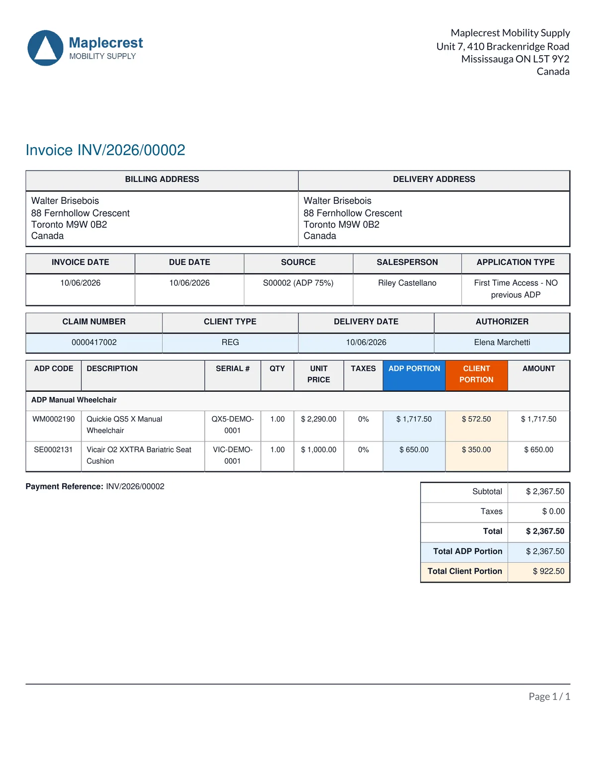 ADP portion invoice PDF with claim number and portion columns.