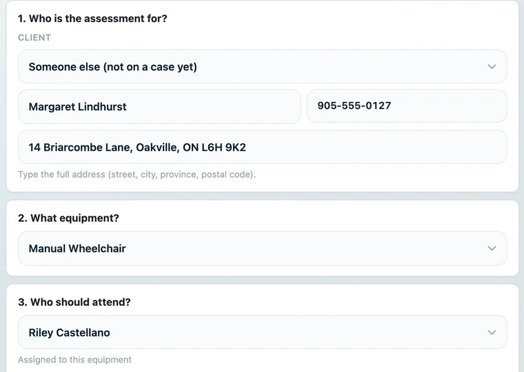Request an assessment form in the therapist portal with client, equipment and assigned rep.