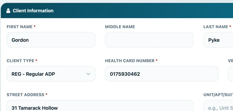 ADP Assessment Express Form showing the client information section for an invented client.