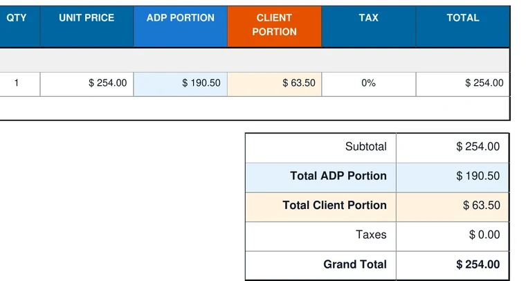 Quotation S00001 PDF with ADP code, unit price, ADP portion and client portion columns.