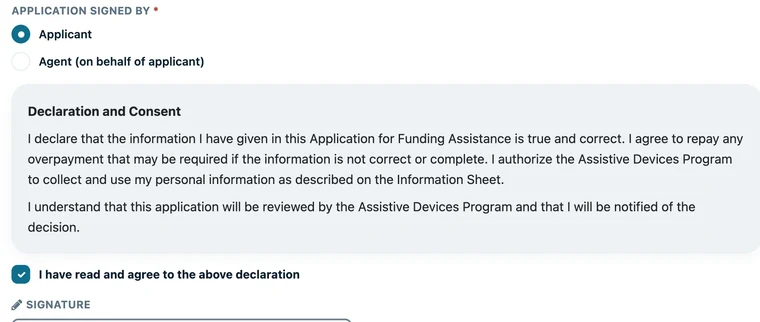 ADP Consent and Declaration section with Applicant selected, declaration ticked and a test signature.