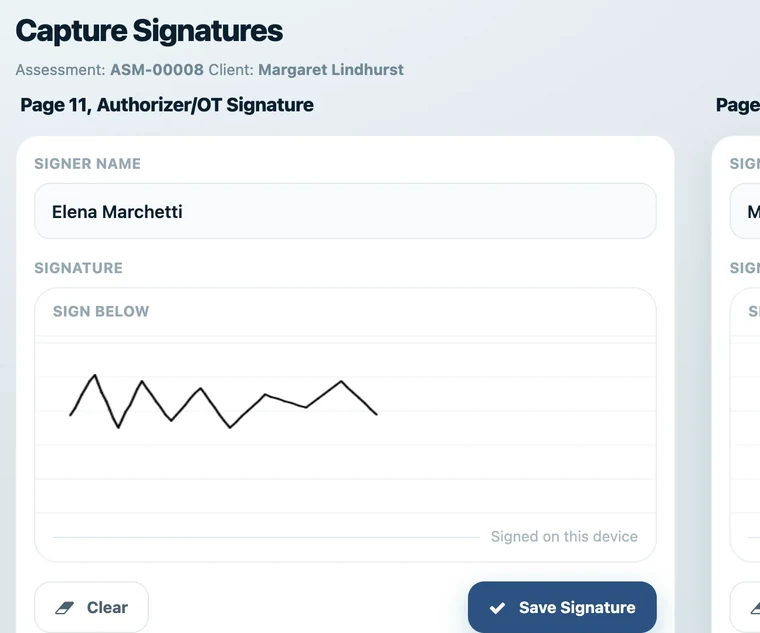 Capture Signatures screen with Page 11 Authorizer/OT and Page 12 Client signature pads.
