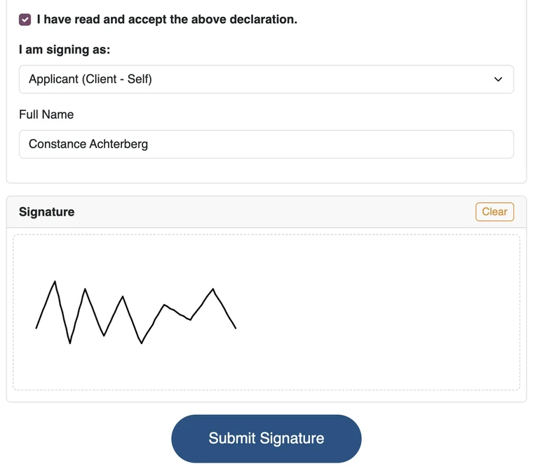 Remote Page 11 signing page with declaration accepted, signer name and a test signature.