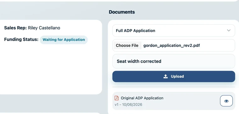 Authorizer case page with the Documents upload form set to Full ADP Application.