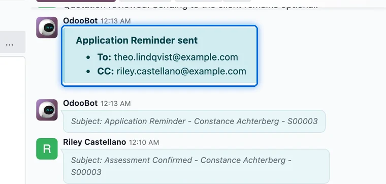 Case chatter showing an Application Reminder queued to the therapist with the rep copied.