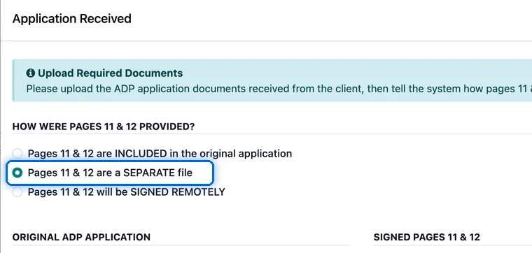 Application Received wizard with the separate signed pages option and both files attached.