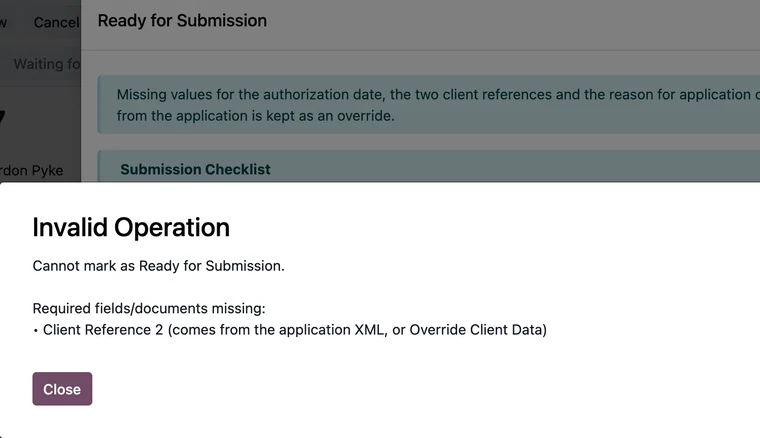 Ready for Submission wizard with an error listing Client Reference 2 as missing.