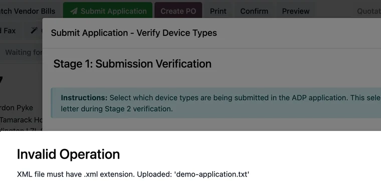 Submission Verification wizard showing the error that the XML file must have the .xml extension.