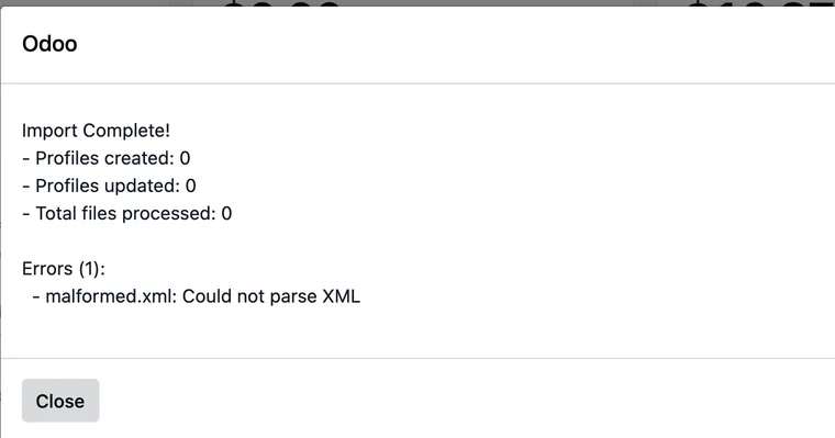 Import result dialog listing malformed.xml with the error Could not parse XML.