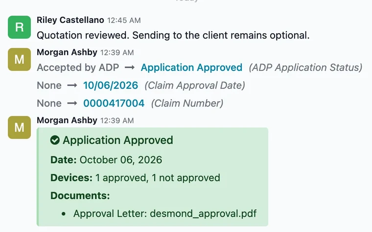 Case in Application Approved status with the ADP Documents tab open.