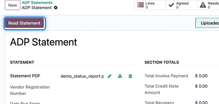 New ADP Statement in Uploaded state with the Read Statement button.