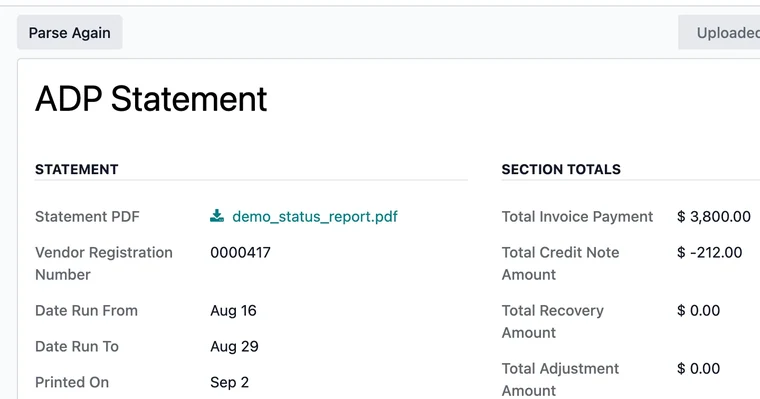 ADP Statement in Parsed state with section totals, pages read and statement lines.