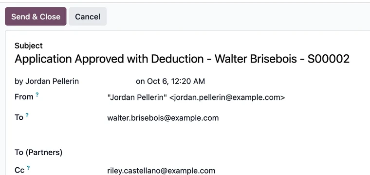 Outgoing email record for an approval with deduction addressed to the client with the rep in copy.