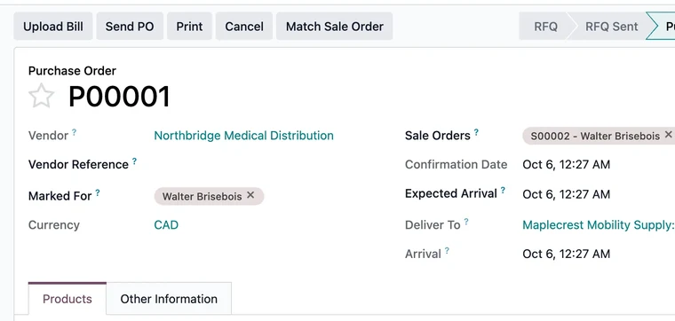 Purchase order P00001 with the sale order and the client it is marked for.