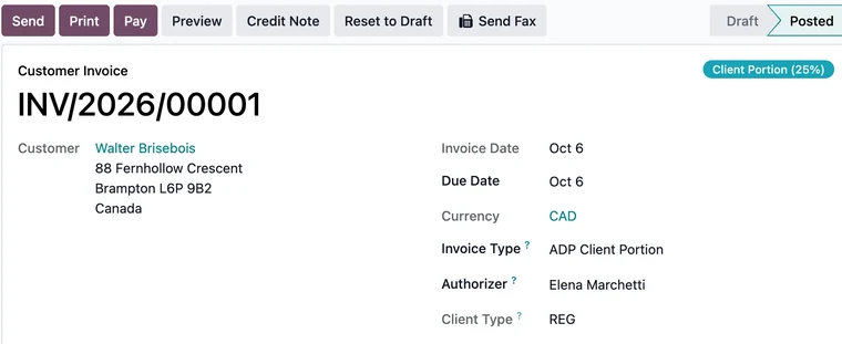Posted client invoice for $922.50 with ADP and client columns per device.