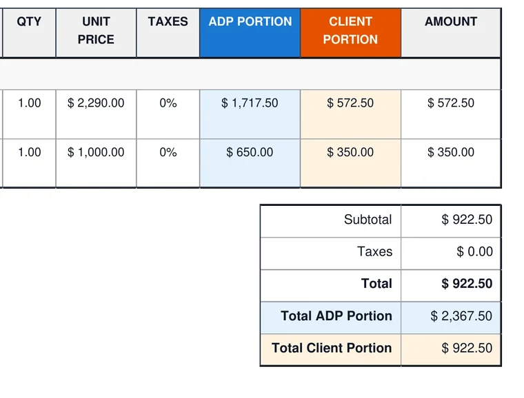 Client invoice PDF with claim number, serial numbers and portion columns.
