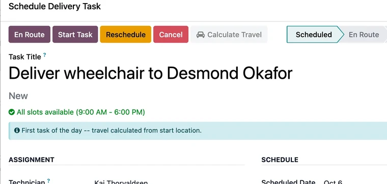 Schedule Delivery Task form with the technician, date and related sale order.