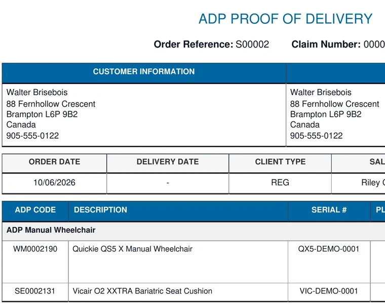 ADP Proof of Delivery PDF with client, devices, serial numbers and signature lines.