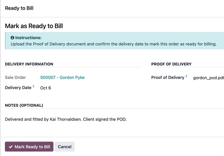 Ready to Bill wizard with the delivery date and the proof of delivery attached.