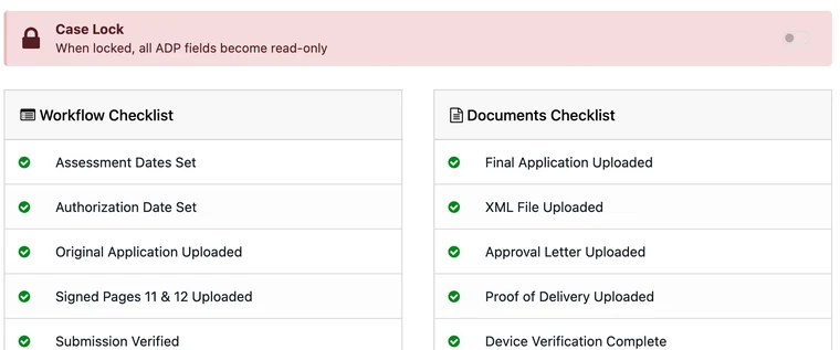 ADP Order Trail tab with workflow, documents and billing checklists all complete.