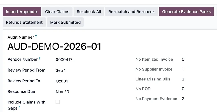 ADP audit with two sampled claims matched and one showing a $100.00 amount difference.