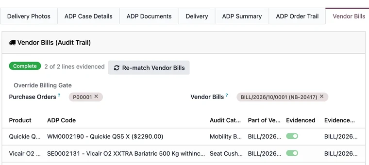 Vendor Bills tab showing both lines evidenced by a supplier bill at tier 1 proof.