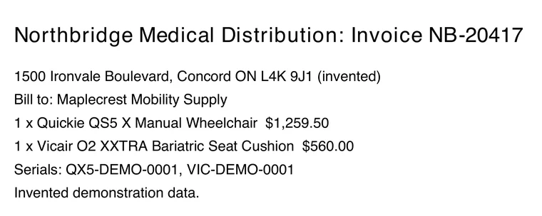 Invented supplier invoice PDF listing the wheelchair and cushion with serial numbers.