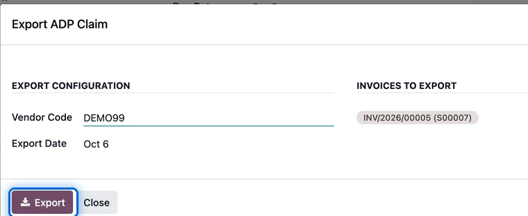 Export ADP Claim wizard with vendor code, export date and one invoice selected.
