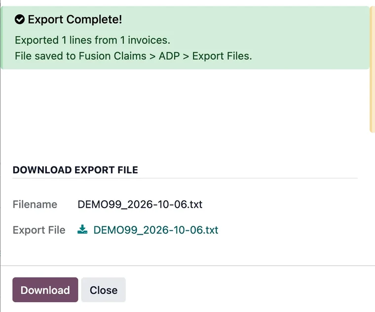 Export Complete dialog with the generated text file, a duplicate file name warning and the download button.