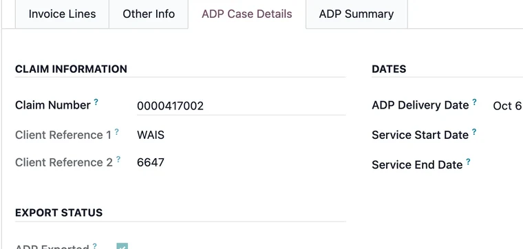 ADP invoice ADP Case Details tab with client references, export status and the ADP billing status.