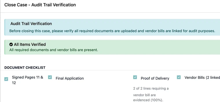 Close Case audit trail verification with all items verified and a closing note.