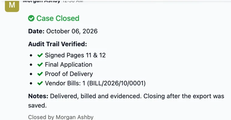 Case chatter showing the Case Closed note with the verified documents and vendor bill.