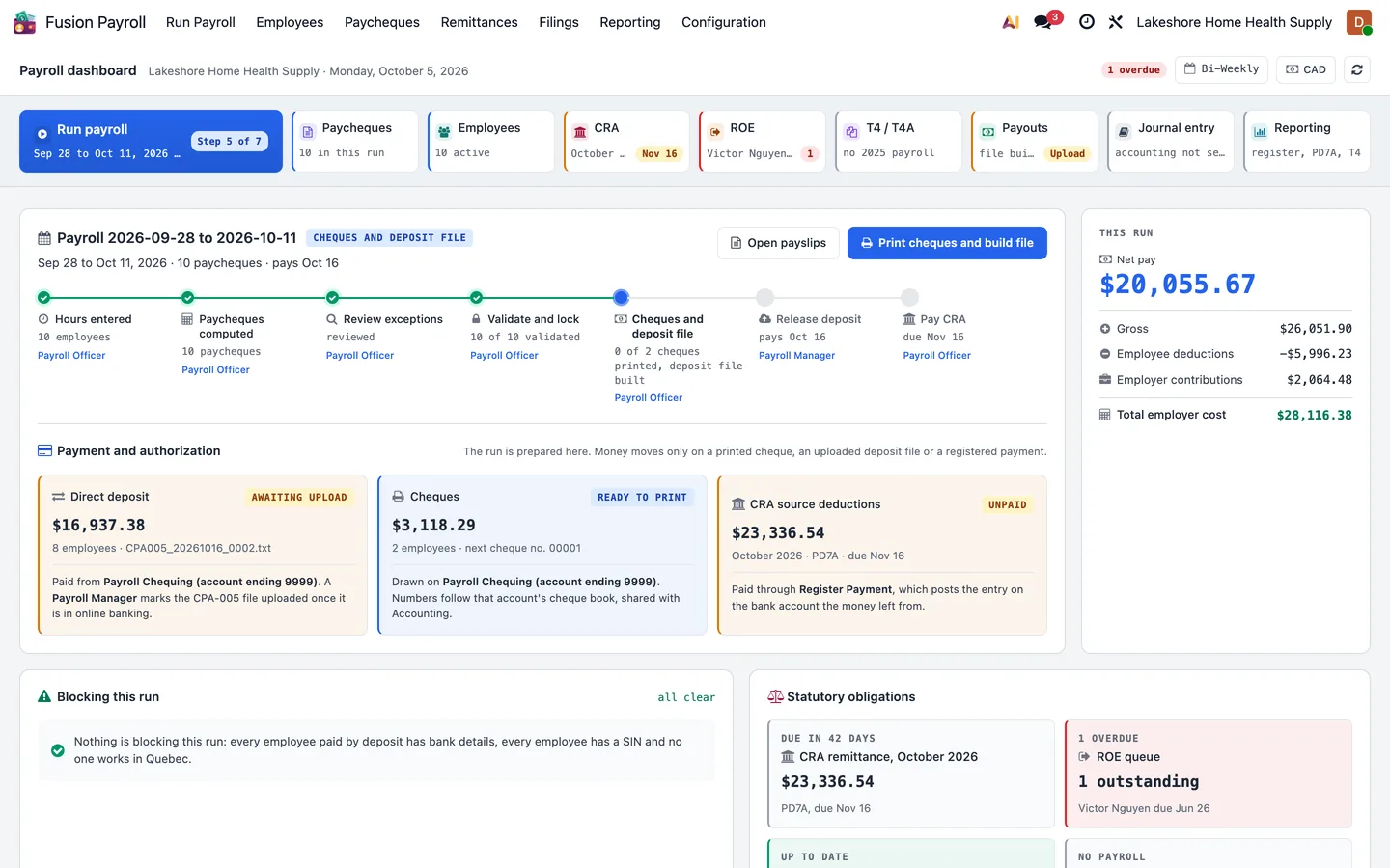 Fusion Payroll dashboard showing the open bi-weekly pay period, payment cards and statutory obligations
