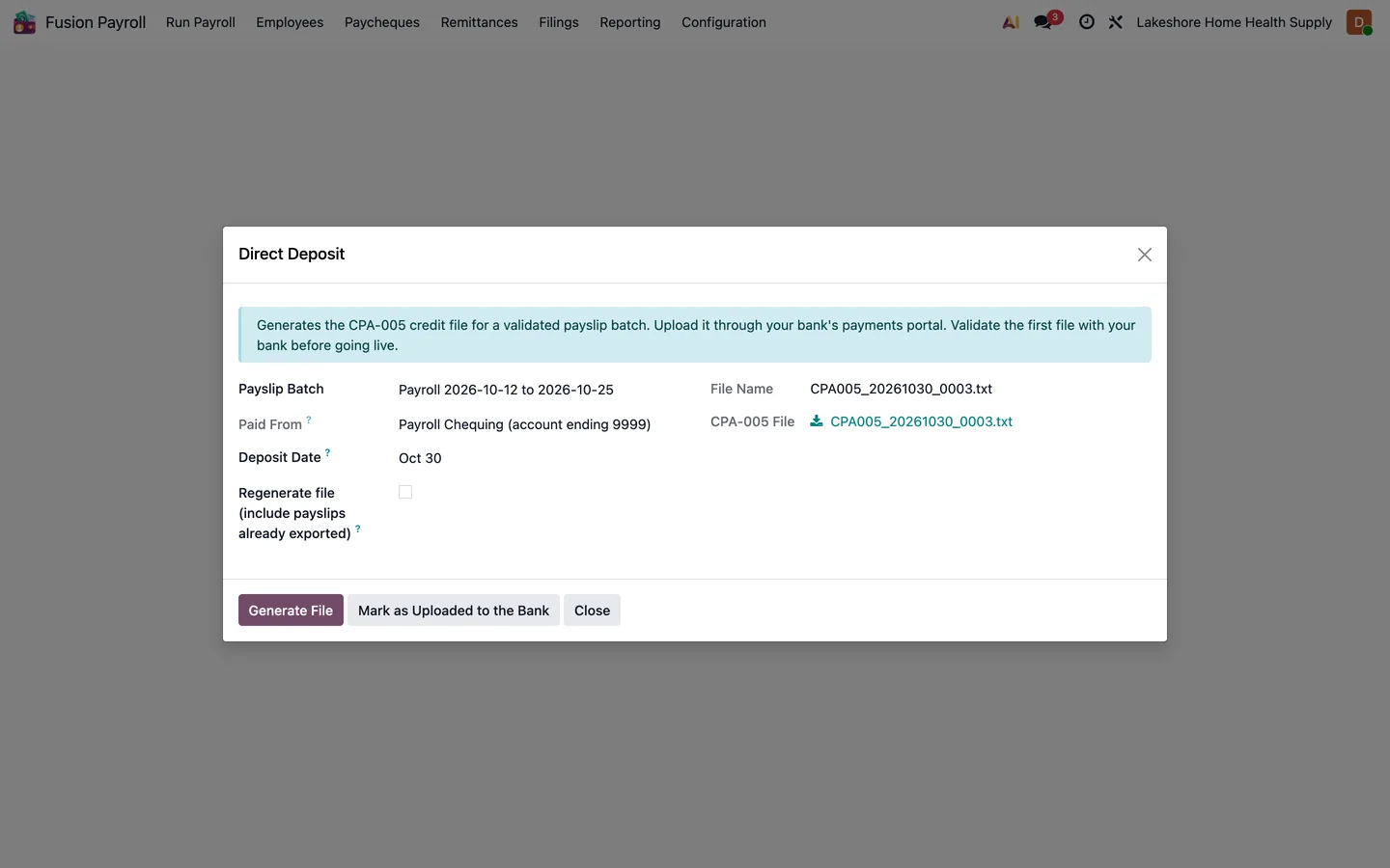 Direct Deposit dialog with a generated CPA-005 file for the pay run and the deposit date