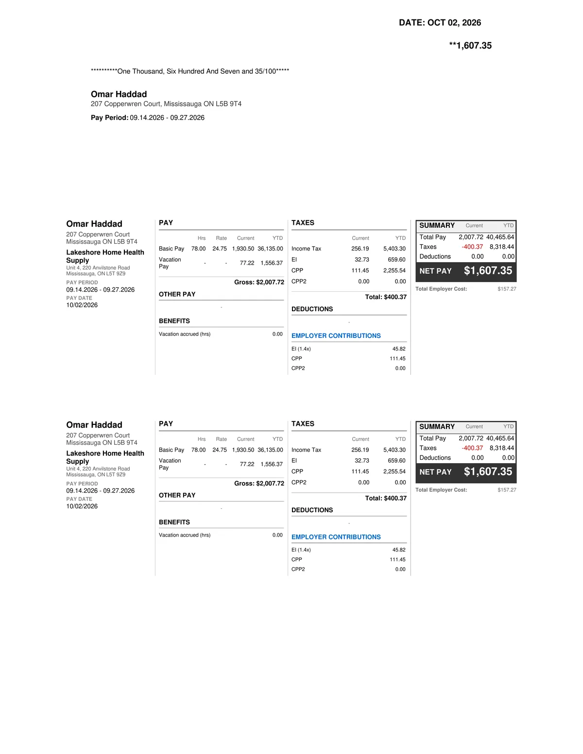 Printed payroll cheque with employee and employer pay stubs