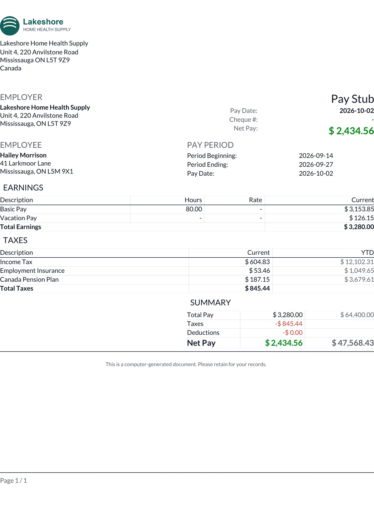 Pay stub with earnings, taxes and year-to-date totals for a salaried employee