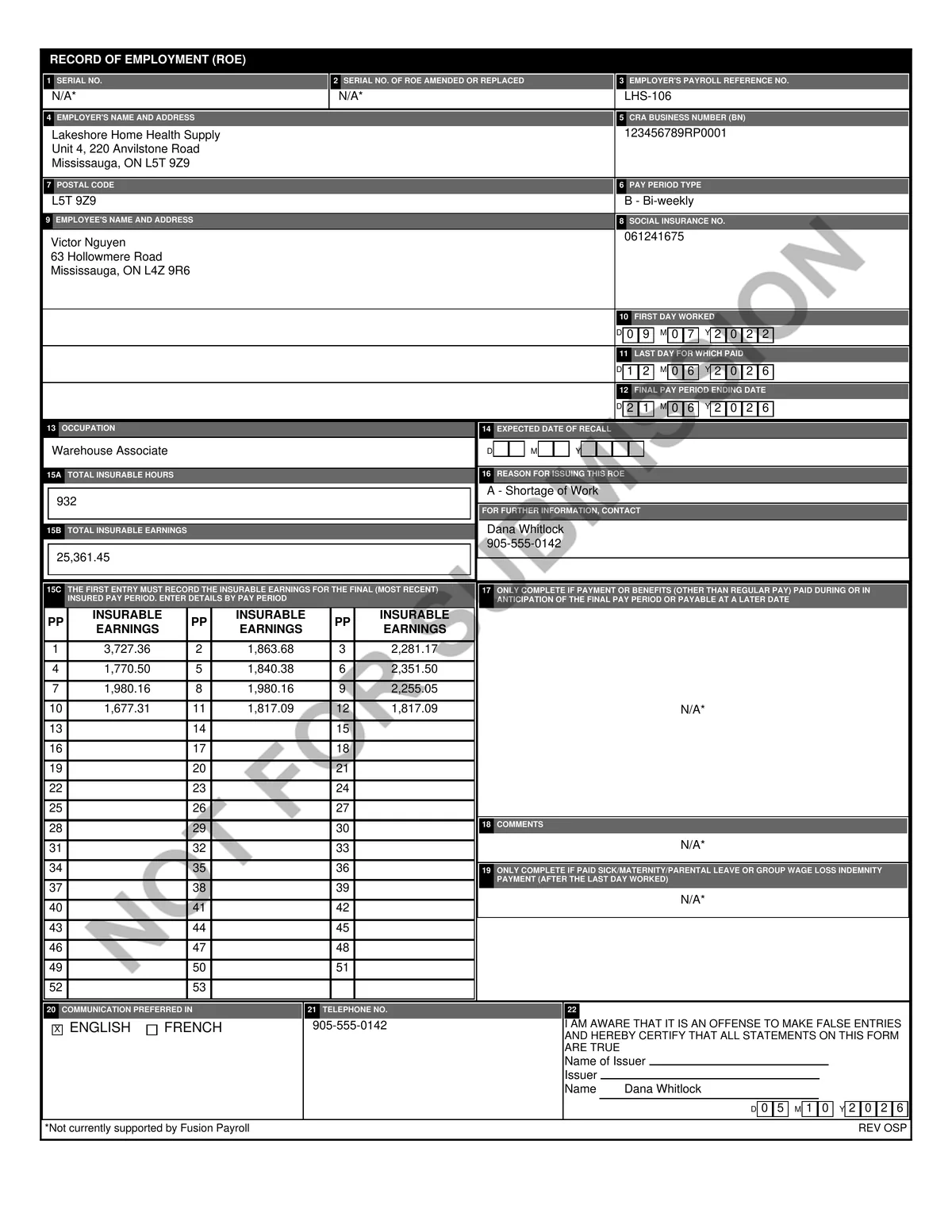 Record of Employment paper copy for a laid-off warehouse associate with insurable earnings by pay period