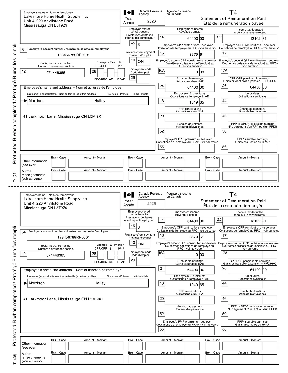 Filled 2026 T4 slip for an Ontario employee, two copies on one page