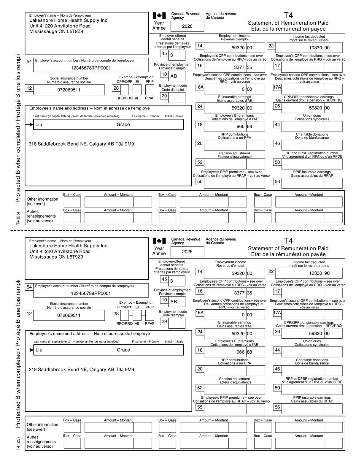 Filled 2026 T4 slip for an Alberta employee with province AB